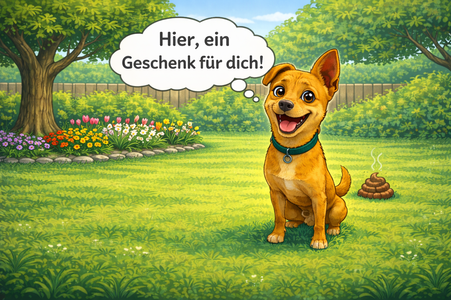 Hund im Garten mit Hinterlassenschaft — Oops, tut mir leid!