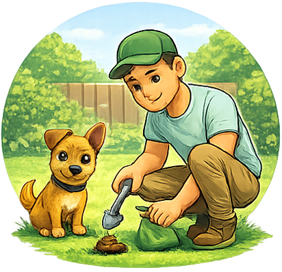 Person sammelt Häufchen auf, Hund schaut zu